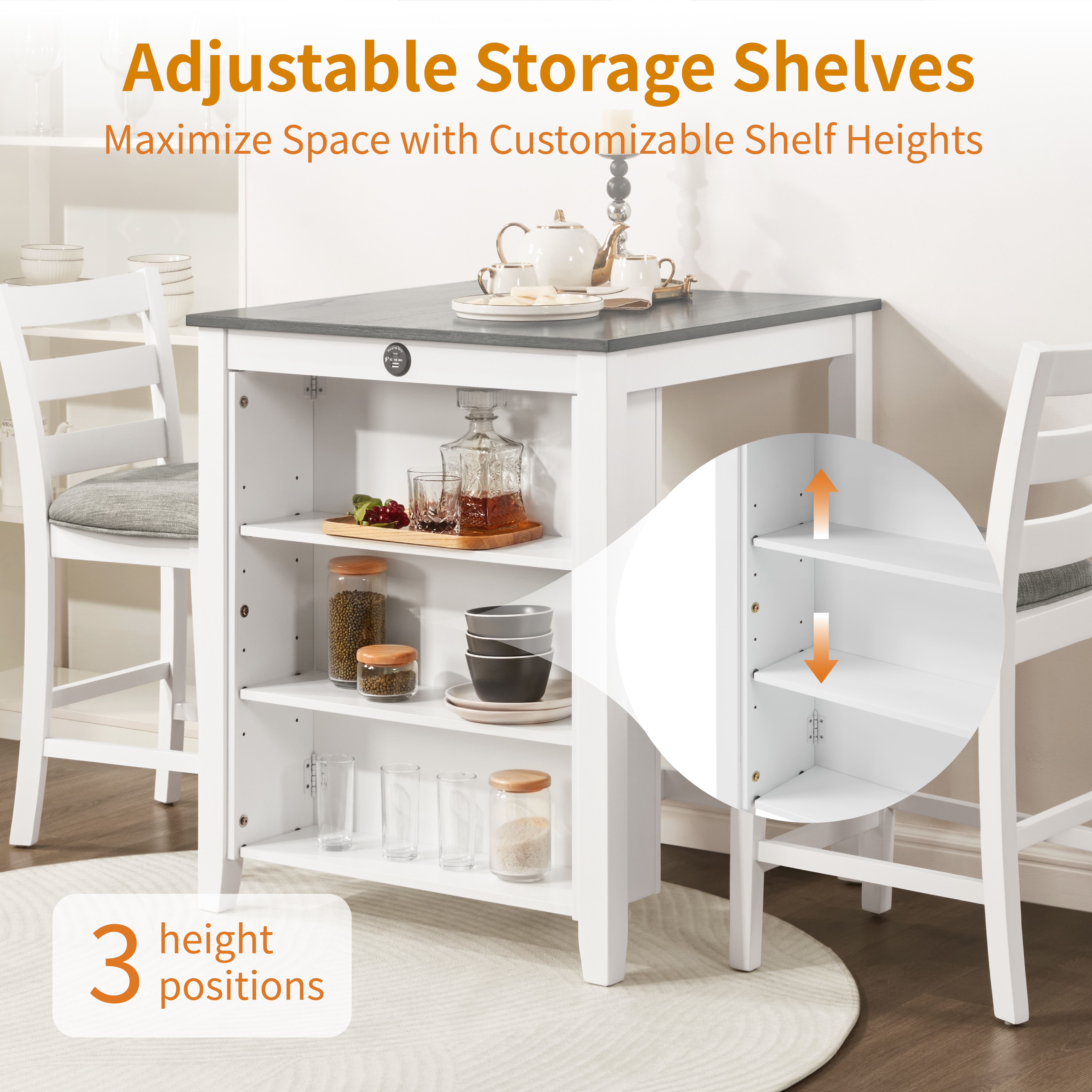 30" Modern Dining Table Set for 2 with Charging Station & 3-Tier Adjustable Storage | Space-Saving Kitchen Set with Upholstered Chairs for Small Spaces, Apartment,Off White 30" Modern Dining Table Set for 2 with Charging Station & 3-Tier Adjustable Storage | Space-Saving Kitchen Set with Upholstered Chairs for Small Spaces, Apartment,Off White